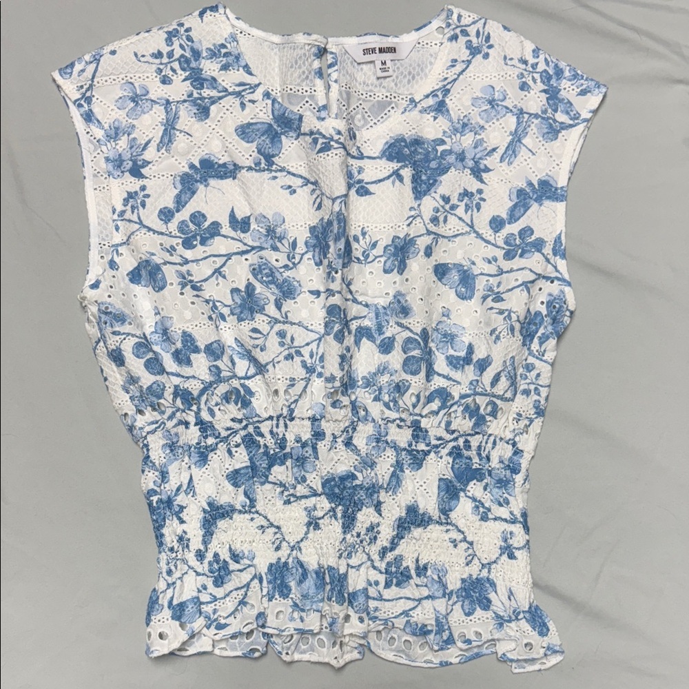 Steve Madden Blue and White Eyelet Blouse